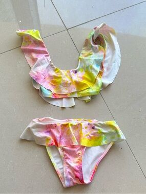 Stella Cove Tie-Dye Ruffle Bikini - Pink Yellow Green